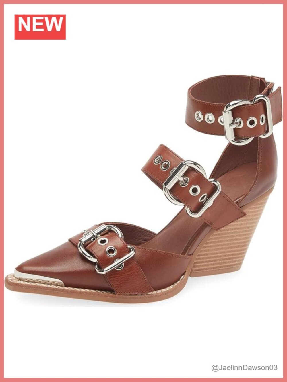 MAVMAX Chunky Heel PU Leather Western Strappy Pumps Pointed Toe Block Heel Shoes
